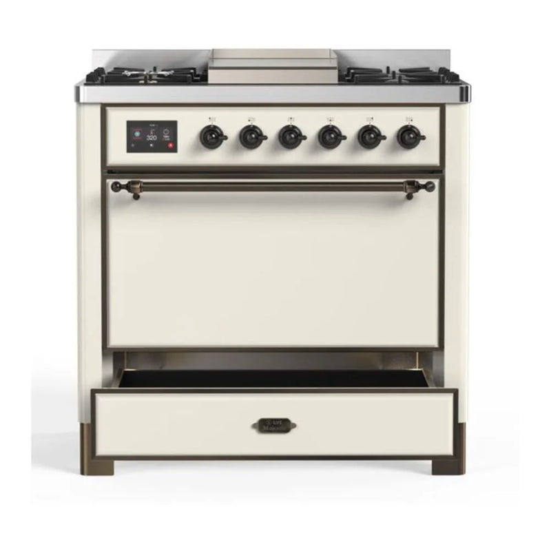 ILVE Majestic II 36" Dual Fuel Freestanding Range in Antique White with Burnished Trim, UM09FDQNS3AWBLP