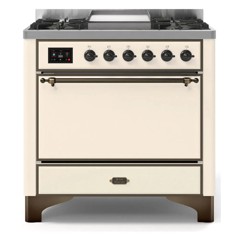 ILVE Majestic II 36" Dual Fuel Freestanding Range in Antique White with Burnished Trim, UM09FDQNS3AWB