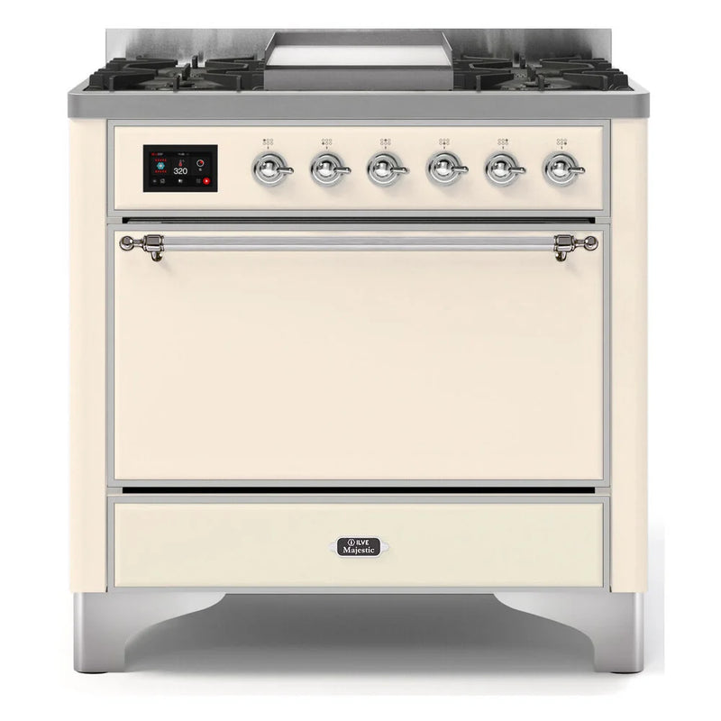 ILVE Majestic II 36" Dual Fuel Freestanding Range in Antique White with Chrome Trim, UM09FDQNS3AWCLP