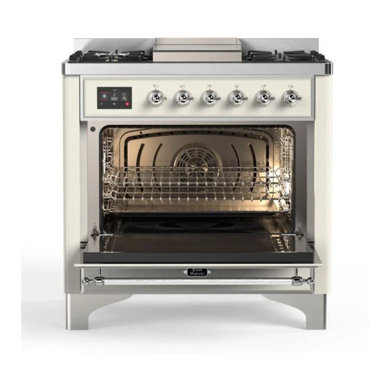 ILVE Majestic II 36" Dual Fuel Freestanding Range in Antique White with Chrome Trim, UM09FDQNS3AWCLP