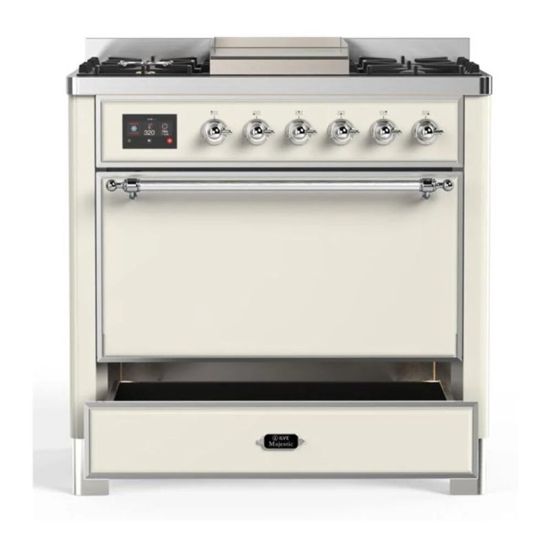 ILVE Majestic II 36" Dual Fuel Freestanding Range in Antique White with Chrome Trim, UM09FDQNS3AWCLP
