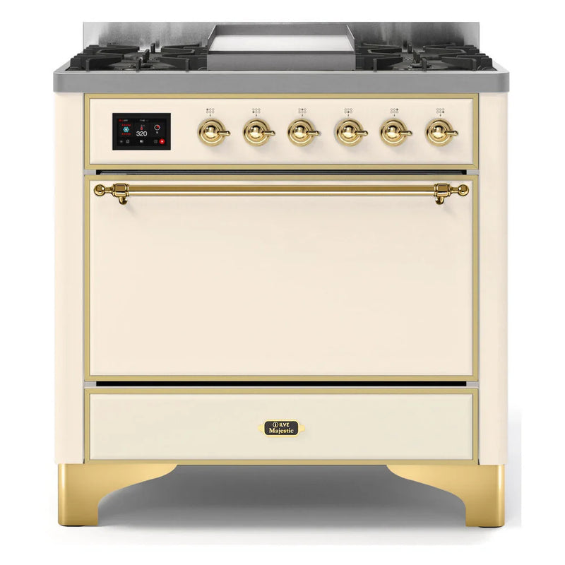 ILVE Majestic II 36" Dual Fuel Freestanding Range in Antique White with Brass Trim, UM09FDQNS3AWGLP