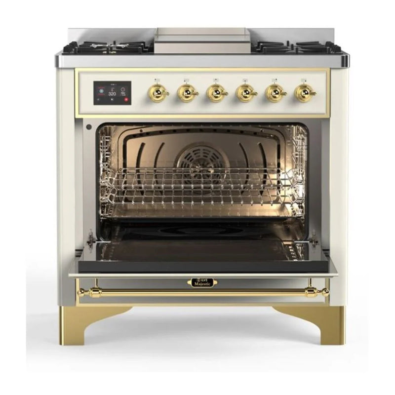 ILVE Majestic II 36" Dual Fuel Freestanding Range in Antique White with Brass Trim, UM09FDQNS3AWGLP
