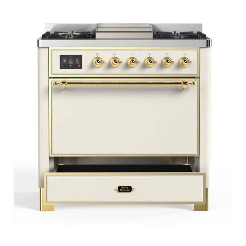 ILVE Majestic II 36" Dual Fuel Freestanding Range in Antique White with Brass Trim, UM09FDQNS3AWGLP