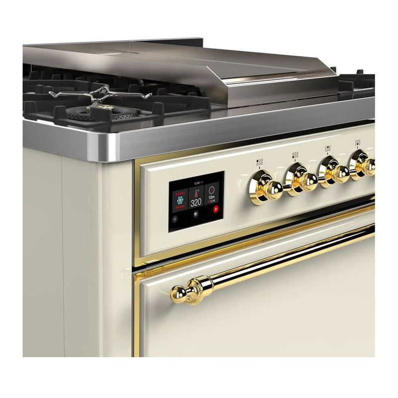 ILVE Majestic II 36" Dual Fuel Freestanding Range in Antique White with Brass Trim, UM09FDQNS3AWGLP