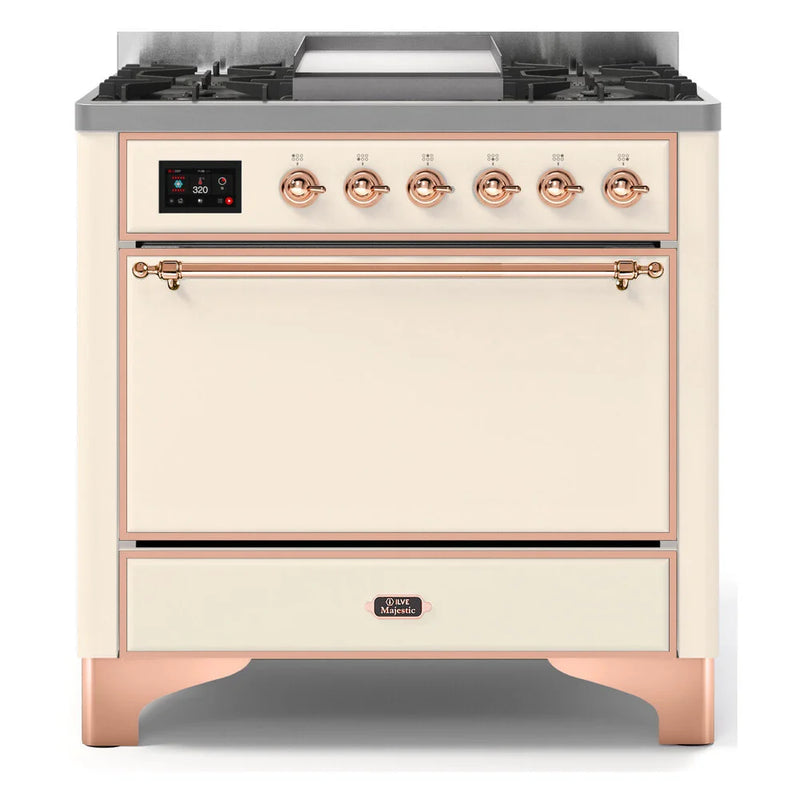 ILVE Majestic II 36" Dual Fuel Freestanding Range in Antique White with Copper Trim, UM09FDQNS3AWPLP