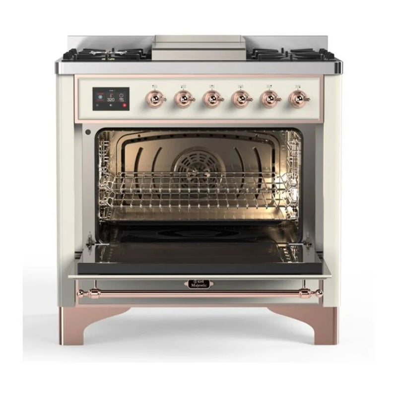ILVE Majestic II 36" Dual Fuel Freestanding Range in Antique White with Copper Trim, UM09FDQNS3AWPLP