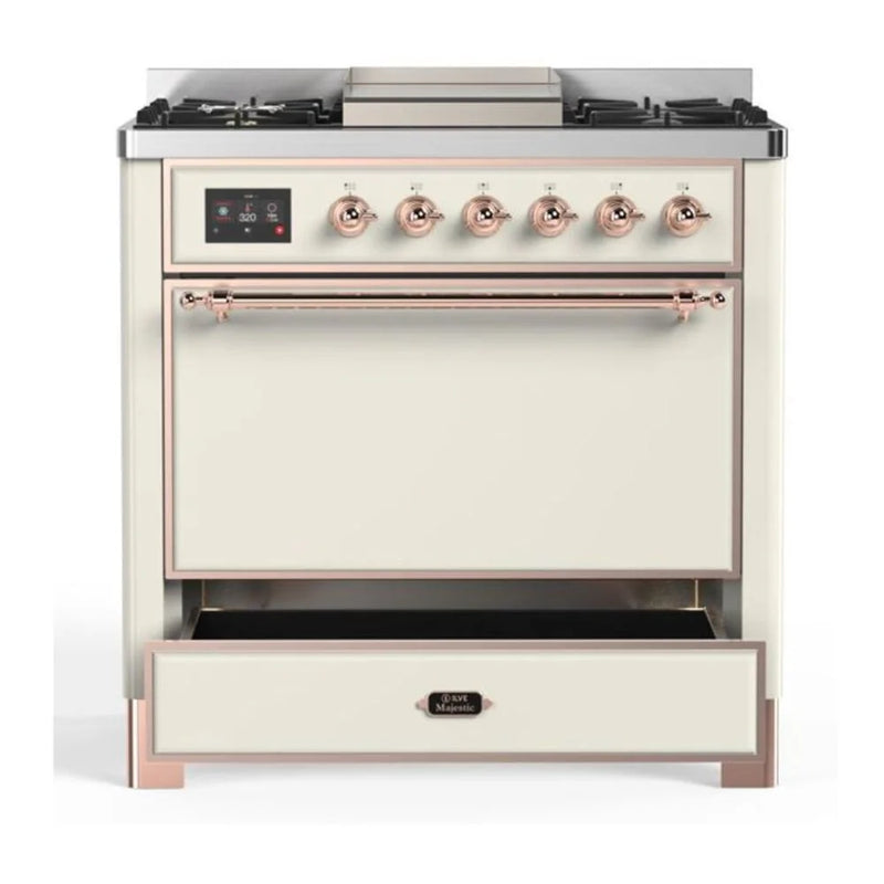 ILVE Majestic II 36" Dual Fuel Freestanding Range in Antique White with Copper Trim, UM09FDQNS3AWP