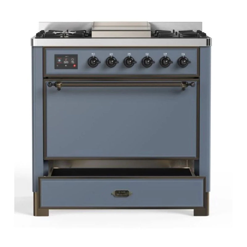 ILVE Majestic II 36" Dual Fuel Freestanding Range in Blue Grey with Burnished Trim, UM09FDQNS3BGBLP