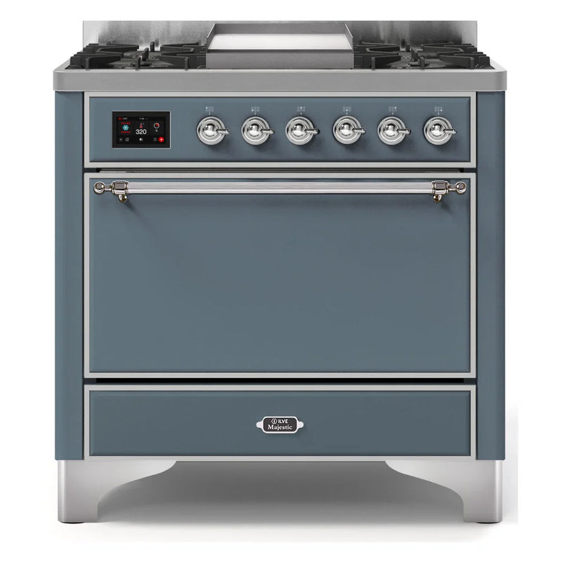 ILVE Majestic II 36" Dual Fuel Freestanding Range in Blue Grey with Chrome Trim, UM09FDQNS3BGCLP