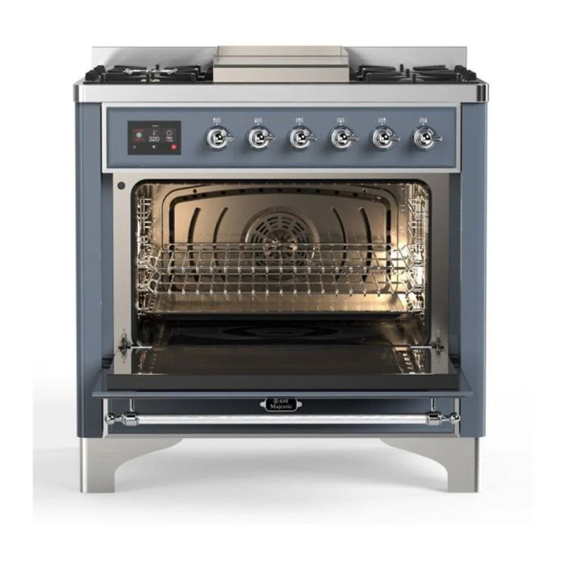 ILVE Majestic II 36" Dual Fuel Freestanding Range in Blue Grey with Chrome Trim, UM09FDQNS3BGCLP
