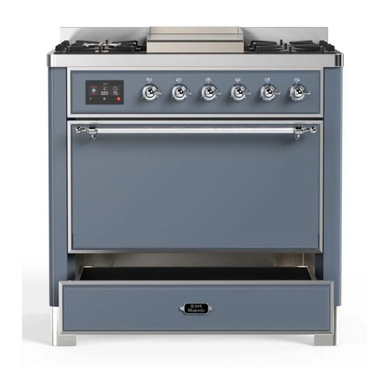 ILVE Majestic II 36" Dual Fuel Freestanding Range in Blue Grey with Chrome Trim, UM09FDQNS3BGCLP