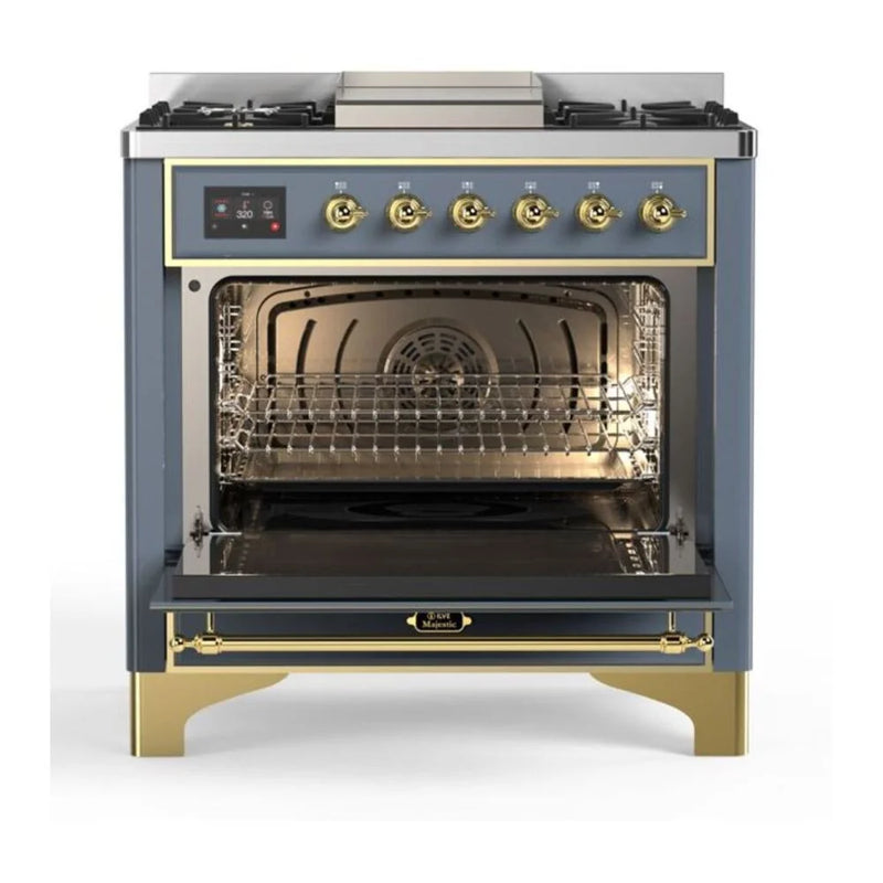 ILVE Majestic II 36" Dual Fuel Freestanding Range in Blue Grey with Brass Trim, UM09FDQNS3BGGLP