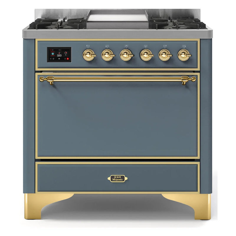 ILVE Majestic II 36" Dual Fuel Freestanding Range in Blue Grey with Brass Trim, UM09FDQNS3BGG