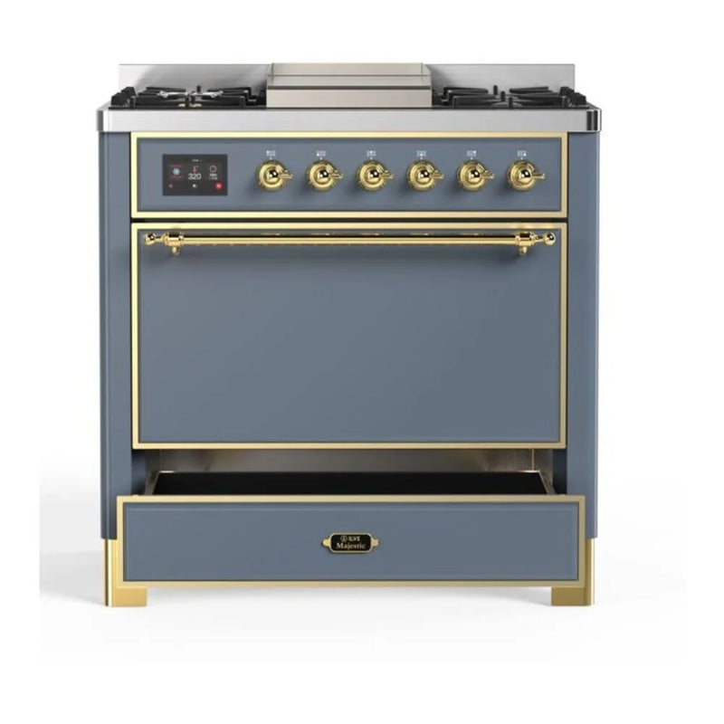 ILVE Majestic II 36" Dual Fuel Freestanding Range in Blue Grey with Brass Trim, UM09FDQNS3BGG