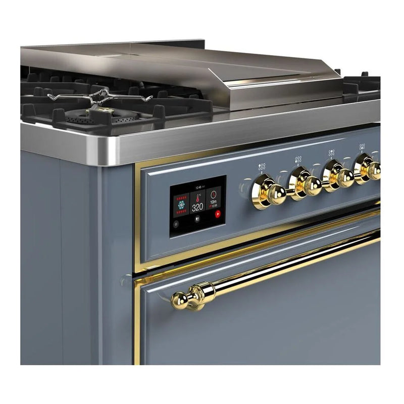 ILVE Majestic II 36" Dual Fuel Freestanding Range in Blue Grey with Brass Trim, UM09FDQNS3BGG