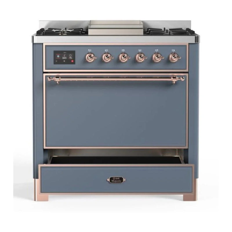 ILVE Majestic II 36" Dual Fuel Freestanding Range in Blue Grey with Copper Trim, UM09FDQNS3BGP