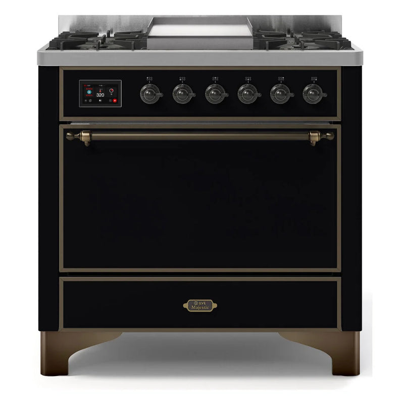 ILVE Majestic II 36" Dual Fuel Freestanding Range in Glossy Black with Burnished Trim, UM09FDQNS3BKB