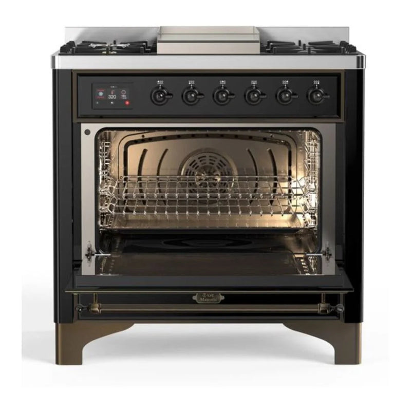 ILVE Majestic II 36" Dual Fuel Freestanding Range in Glossy Black with Burnished Trim, UM09FDQNS3BKB