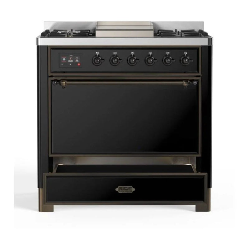ILVE Majestic II 36" Dual Fuel Freestanding Range in Glossy Black with Burnished Trim, UM09FDQNS3BKB