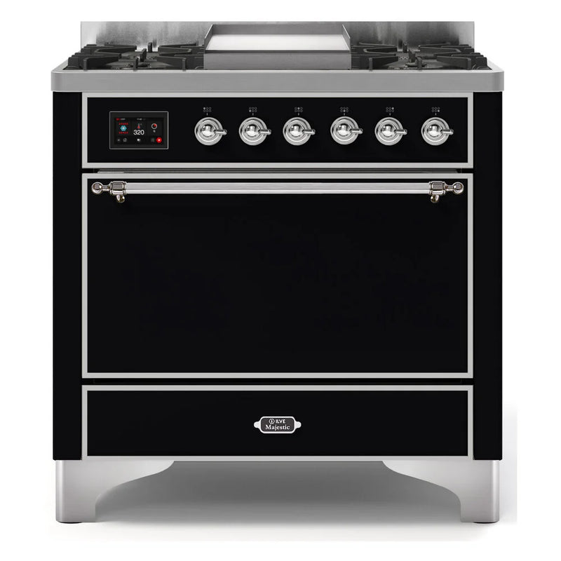 ILVE Majestic II 36" Dual Fuel Freestanding Range in Glossy Black with Chrome Trim, UM09FDQNS3BKCLP