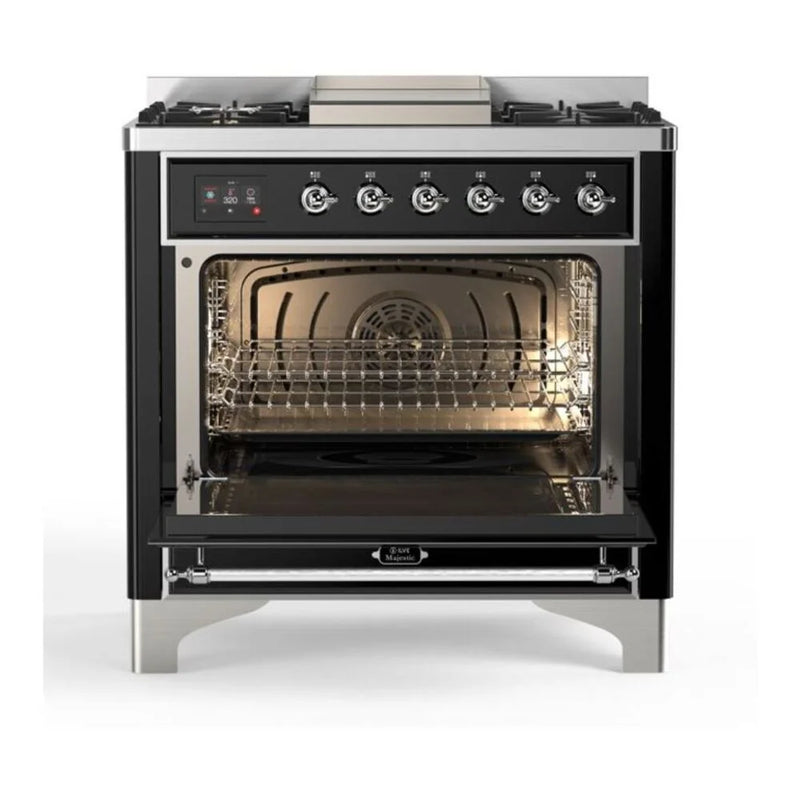 ILVE Majestic II 36" Dual Fuel Freestanding Range in Glossy Black with Chrome Trim, UM09FDQNS3BKC