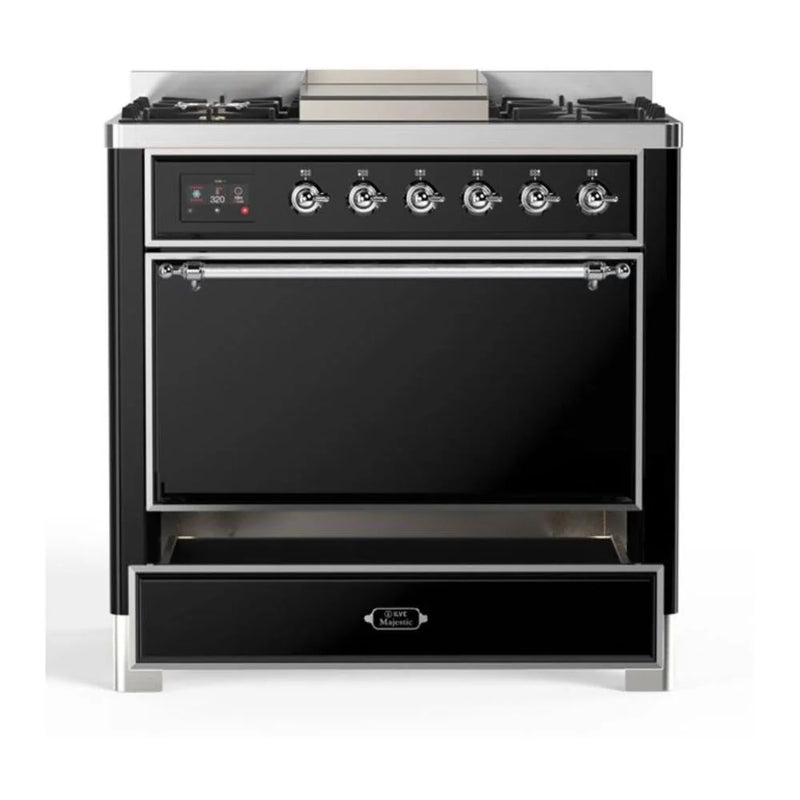 ILVE Majestic II 36" Dual Fuel Freestanding Range in Glossy Black with Chrome Trim, UM09FDQNS3BKC