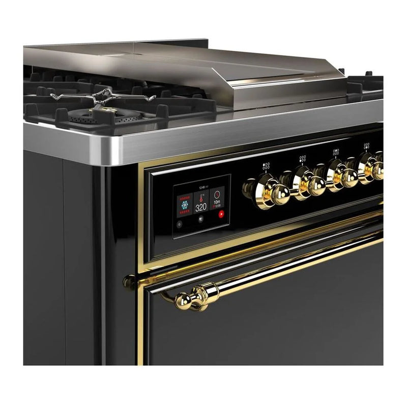 ILVE Majestic II 36" Dual Fuel Freestanding Range in Glossy Black with Brass Trim, UM09FDQNS3BKGLP