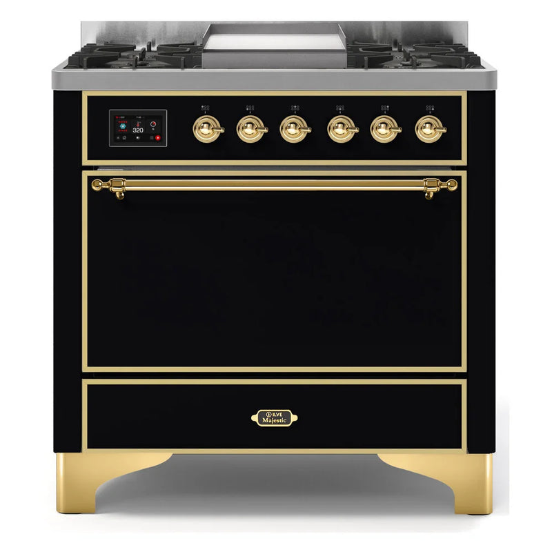 ILVE Majestic II 36" Dual Fuel Freestanding Range in Glossy Black with Brass Trim, UM09FDQNS3BKG