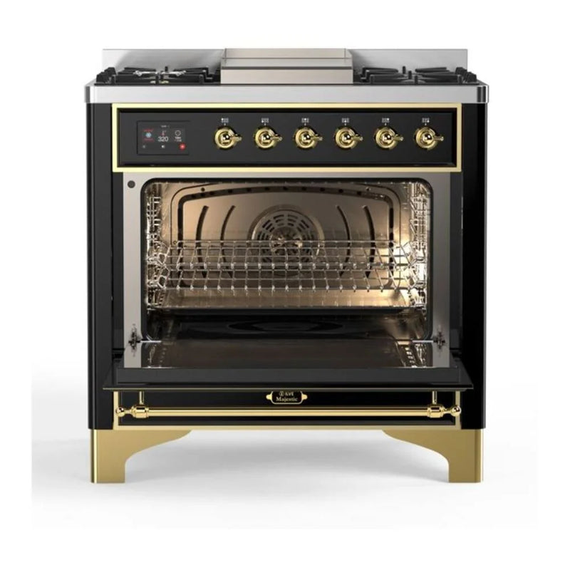 ILVE Majestic II 36" Dual Fuel Freestanding Range in Glossy Black with Brass Trim, UM09FDQNS3BKG