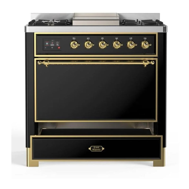 ILVE Majestic II 36" Dual Fuel Freestanding Range in Glossy Black with Brass Trim, UM09FDQNS3BKG