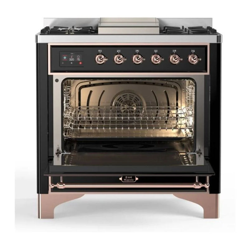 ILVE Majestic II 36" Dual Fuel Freestanding Range in Glossy Black with Copper Trim, UM09FDQNS3BKP
