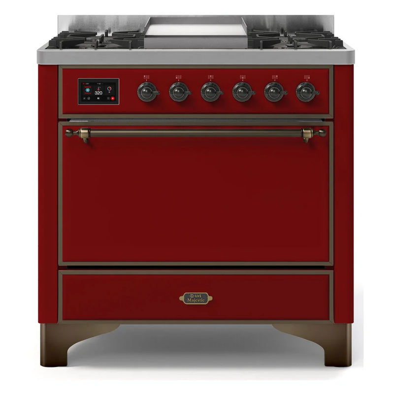 ILVE Majestic II 36" Dual Fuel Freestanding Range in Burgundy with Burnished Trim, UM09FDQNS3BUB