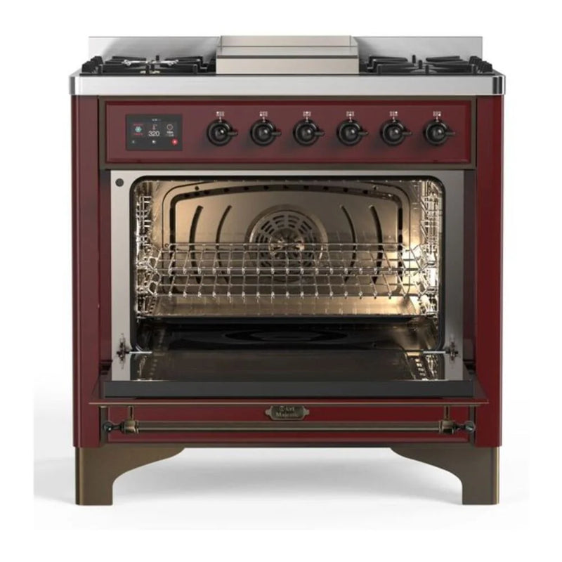 ILVE Majestic II 36" Dual Fuel Freestanding Range in Burgundy with Burnished Trim, UM09FDQNS3BUB
