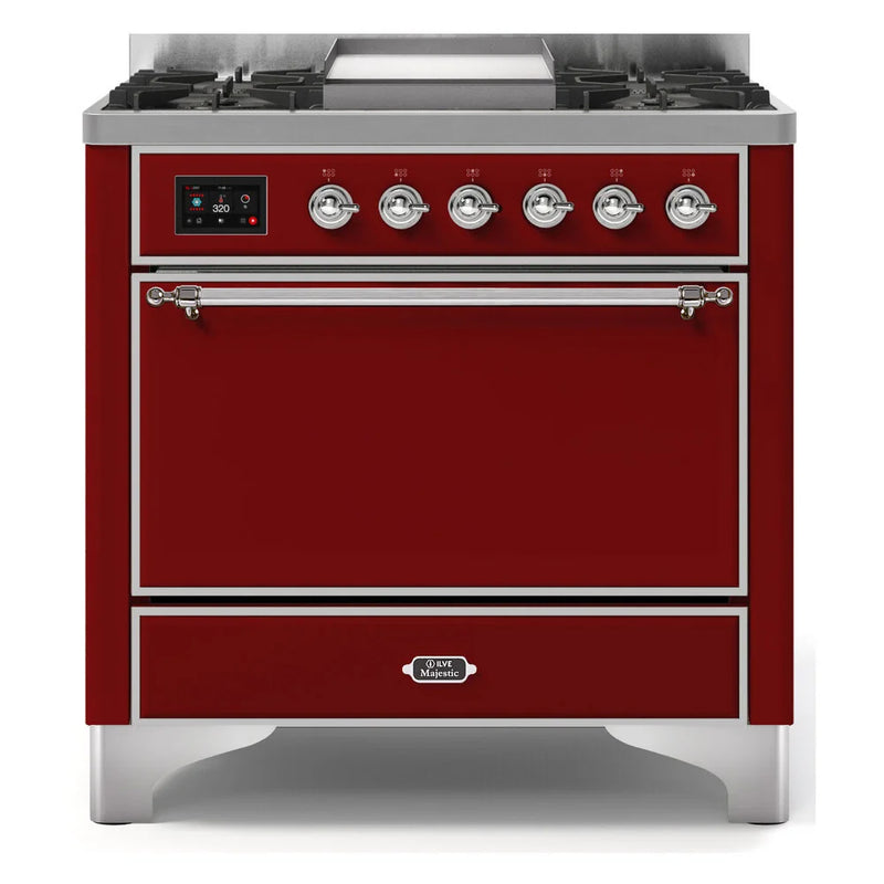 ILVE Majestic II 36" Dual Fuel Freestanding Range in Burgundy with Chrome Trim, UM09FDQNS3BUCLP