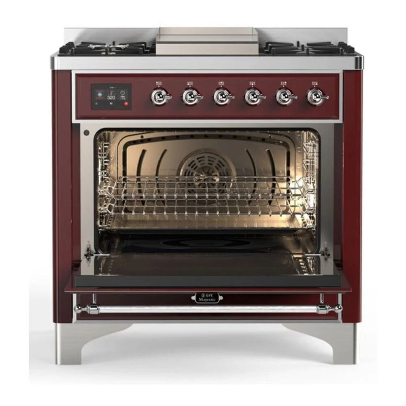ILVE Majestic II 36" Dual Fuel Freestanding Range in Burgundy with Chrome Trim, UM09FDQNS3BUC