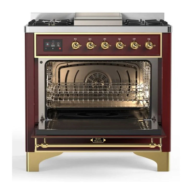 ILVE Majestic II 36" Dual Fuel Freestanding Range in Burgundy with Brass Trim, UM09FDQNS3BUGLP