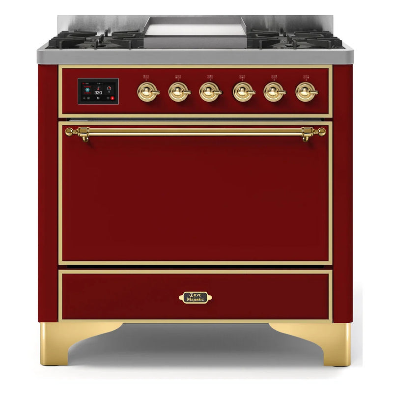 ILVE Majestic II 36" Dual Fuel Freestanding Range in Burgundy with Brass Trim, UM09FDQNS3BUG