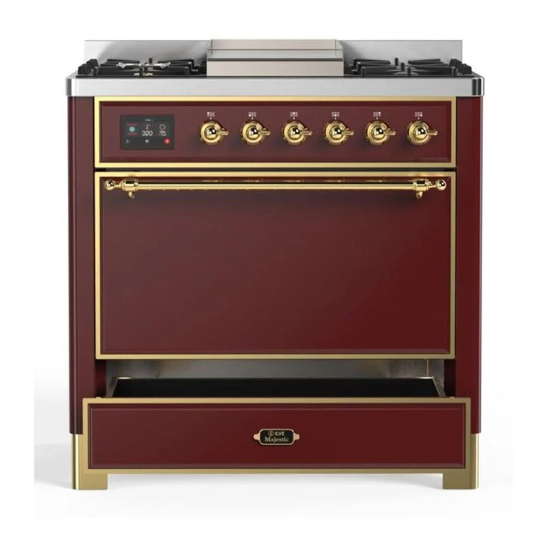 ILVE Majestic II 36" Dual Fuel Freestanding Range in Burgundy with Brass Trim, UM09FDQNS3BUG