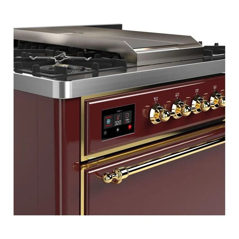 ILVE Majestic II 36" Dual Fuel Freestanding Range in Burgundy with Brass Trim, UM09FDQNS3BUG