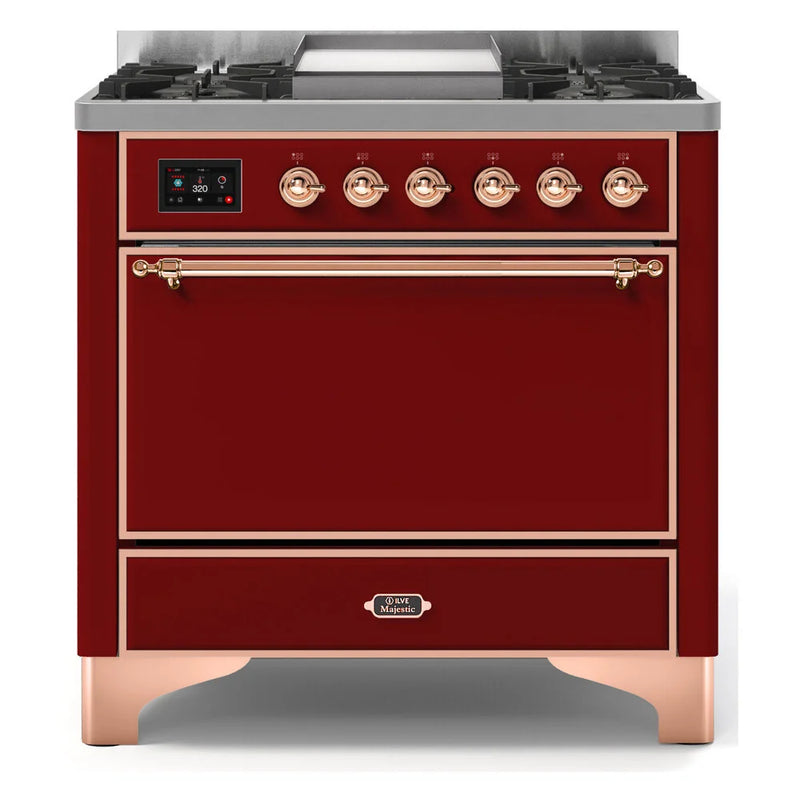 ILVE Majestic II 36" Dual Fuel Freestanding Range in Burgundy with Copper Trim, UM09FDQNS3BUPLP