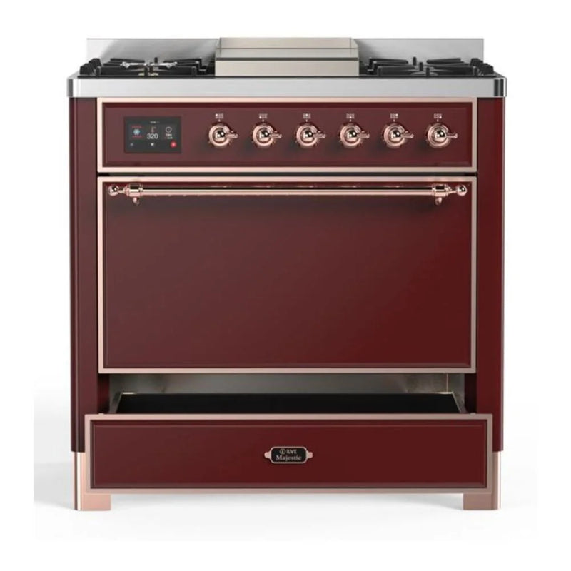 ILVE Majestic II 36" Dual Fuel Freestanding Range in Burgundy with Copper Trim, UM09FDQNS3BUPLP