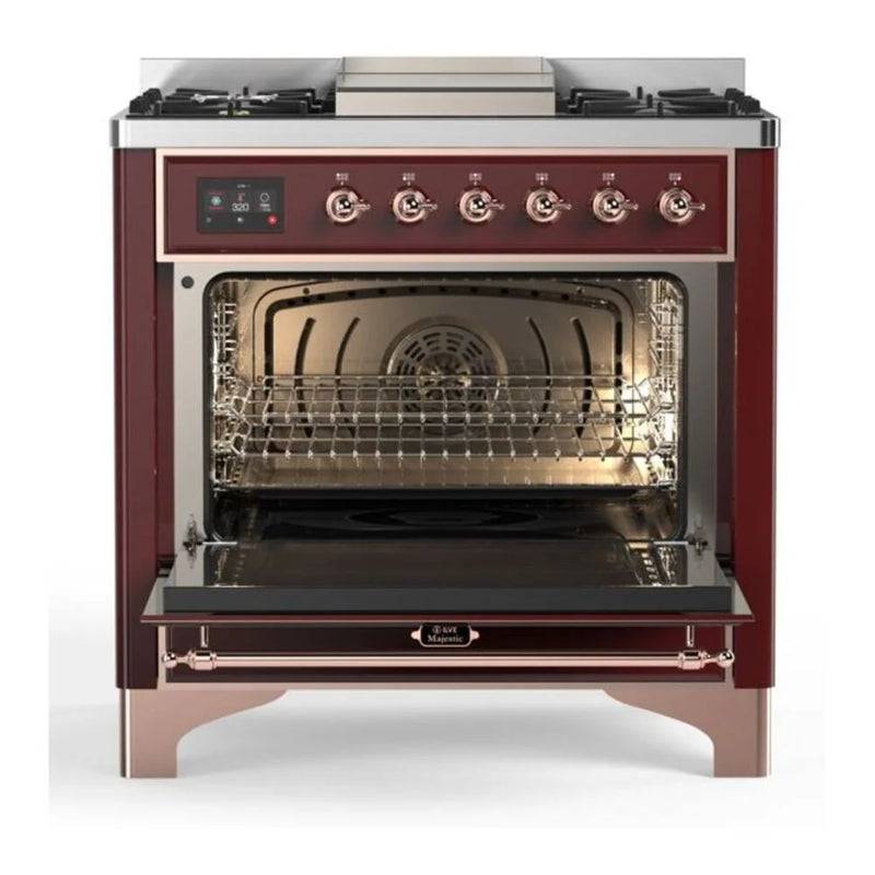 ILVE Majestic II 36" Dual Fuel Freestanding Range in Burgundy with Copper Trim, UM09FDQNS3BUP