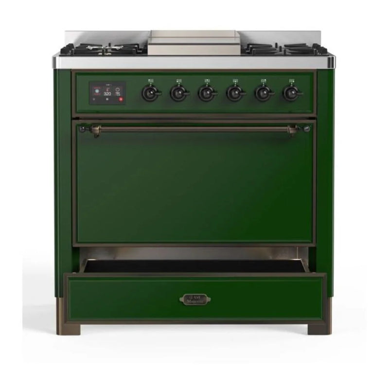 ILVE Majestic II 36" Dual Fuel Freestanding Range in Emerald Green with Burnished Trim, UM09FDQNS3EGBLP