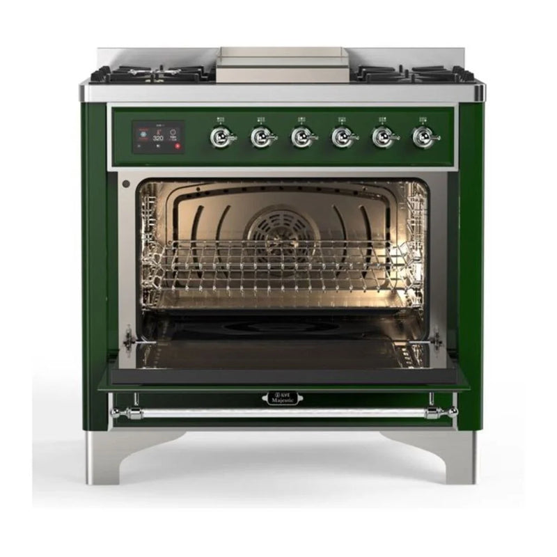 ILVE Majestic II 36" Dual Fuel Freestanding Range in Emerald Green with Chrome Trim, UM09FDQNS3EGC