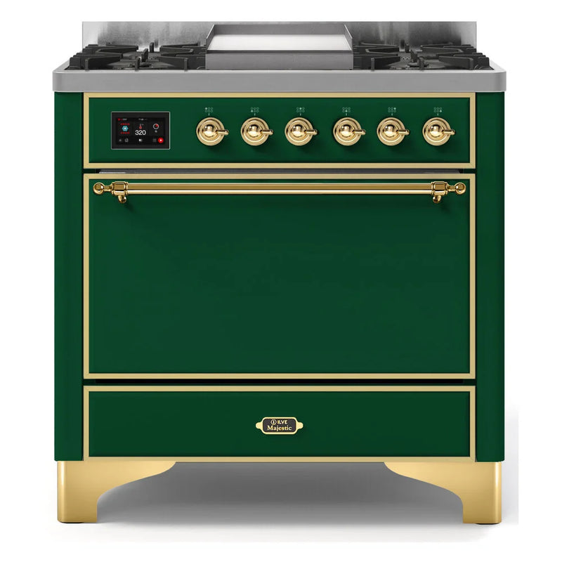 ILVE Majestic II 36" Dual Fuel Freestanding Range in Emerald Green with Brass Trim, UM09FDQNS3EGGLP