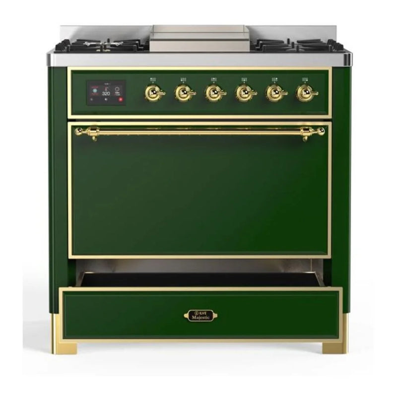 ILVE Majestic II 36" Dual Fuel Freestanding Range in Emerald Green with Brass Trim, UM09FDQNS3EGGLP