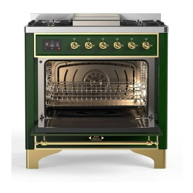 ILVE Majestic II 36" Dual Fuel Freestanding Range in Emerald Green with Brass Trim, UM09FDQNS3EGG