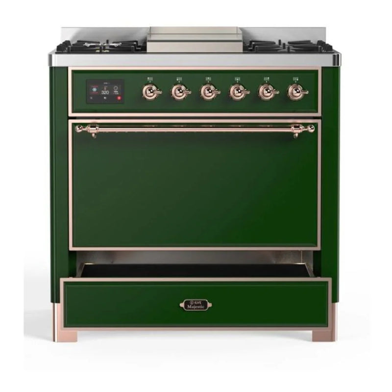 ILVE Majestic II 36" Dual Fuel Freestanding Range in Emerald Green with Copper Trim, UM09FDQNS3EGPLP