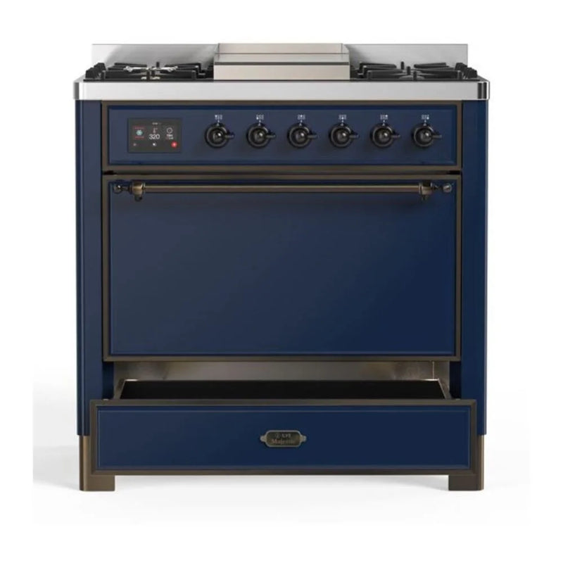 ILVE Majestic II 36" Dual Fuel Freestanding Range in Midnight Blue with Burnished Trim, UM09FDQNS3MBBLP